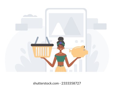 The daughter holds a piglet economy faith and a stigmatize basket in his handwrite . digital betray concept. Trendy style, Vector Illustration