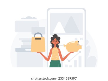 The daughter holds a piglet economy trust and a stigmatize basket in his handwrite . digital betray concept. Trendy style, Vector Illustration