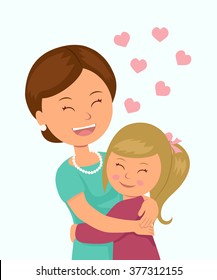 Daughter hugging her mother. Isolated characters in the embrace of a mother and her daughter on a white background. 