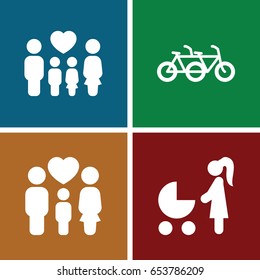 Daughter icons set. set of 4 daughter filled icons such as family, woman with baby carriage