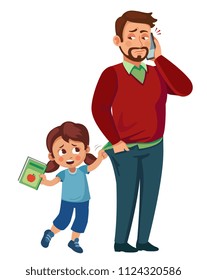 daughter jerks daddy for the leg, she wants to read the tale. Dad talking on the phone, unhappy that distract him. child requires attention from parent.  cartoon vector illustration