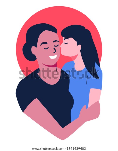 Daughter Kissing Her Mother And Hug Each Other To Show Love Illustration Vector Isolated 