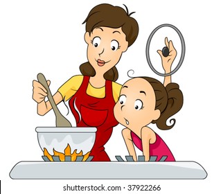 Daughter looking at her mother cooking - Vector