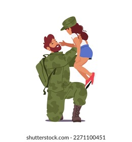 Daughter Meet Her Soldier Father, Who Has Returned Home. Long-awaited Reunion Family Emotions, Sacrifice, And Patriotism Concept with Man in Uniform Hugging Child. Cartoon People Vector Illustration