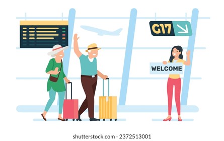 Daughter meets her parents in arrivals terminal of airport. Airplane travel. Happy elderly couple. Grandparents with baggage. Senior family vacation. Aircraft passengers