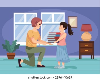 Daughter And Mom With Books Characters