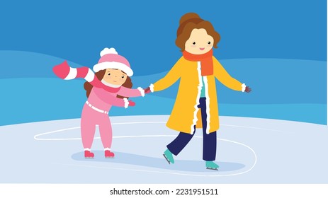 daughter with mom skating on the rink