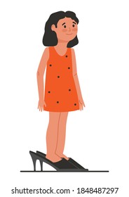 Daughter in mom's big shoes. Little girl is wearing big shoes. Cute cartoon character of a brunette girl in red dress and black high heel shoes. Flat vector illustration isolated on white background