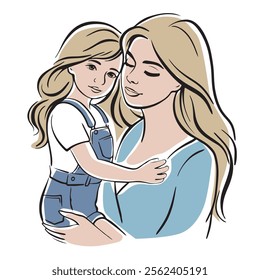 Daughter and mother, child in mother's arms. Children in parents' arms, family. Vector illustration