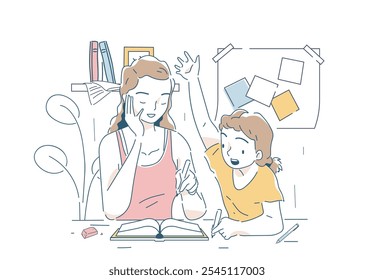 Daughter and mother doing homework. Woman and girl reading book together. Family preparing for test or examination. Education and training. Linear vector illustration isolated on white background