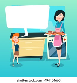 Daughter And Mother In Kitchen Woman Holding Tray With Cakes Biscuits Flat Vector Illustration