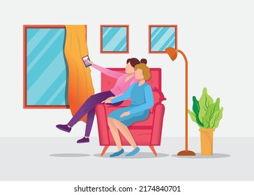 daughter and mother taking photo together at home, flat cartoon illustration style, selfie icon