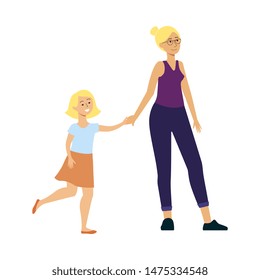 Daughter and mother walking and smiling, happy cartoon character family spending time together. Mom and girl kid standing and waiting, isolated flat vector illustration on white background