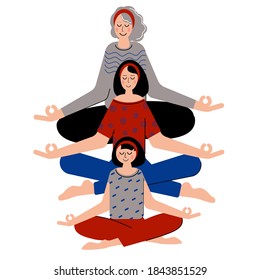 Daughter, Mum And Grandmother Meditate Together. Woman Feel Free And Relaxed. Keep Calm And Meditate. Meditating In Yoga Pose.