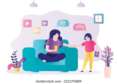 Daughter needs help with homework. Mom has internet addiction. Child wants attention of parents. Woman uses mobile phone. Cyber addiction concept. Family problems. Social issues. Vector illustration