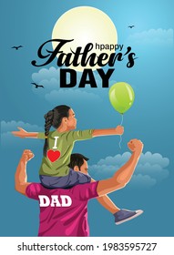 daughter on his father shoulders on the night sky, happy international father's day concept, can be use for card, poster, website, brochure background. vector illustration design