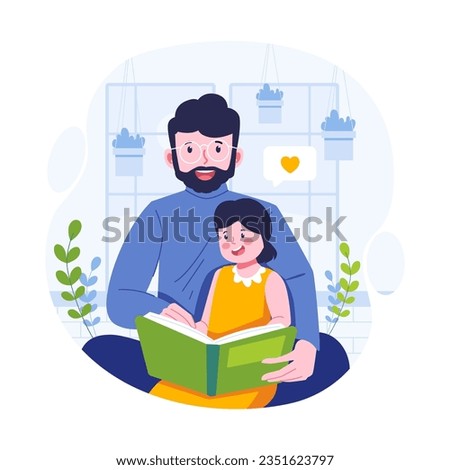 Daughter reading book with father flat illustration