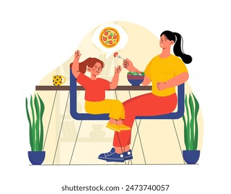 Daughter refuses to eat. Mother gives her daughter salad. Naughty baby wants pizza. Girl reject healthy eating, refuse vegetables. Cartoon flat vector illustration isolated on white background