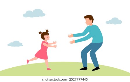 Hija corriendo a los brazos de su padre en diseño plano. El mejor papá de la historia.