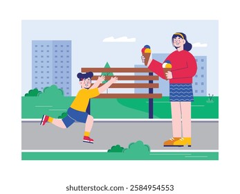 Daughter is running to see mom buying ice cream, family time. Design character. Vector flat illustration