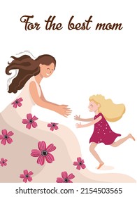 Daughter runs to mom, mom stretched out her hands to catch the baby, mother love, vector hand drawn illustration for a happy mother's day.