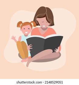 La hija se sienta abrazada a su madre, leen un libro juntos, amor maternal, ilustración vectorial.