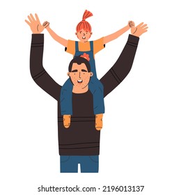 The daughter sits on the father's neck and laughs. The father plays with the child. Happy fatherhood concept. Vector illustration in flat style