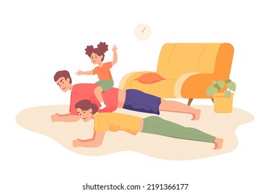 Daughter sitting on back of father holding plank at home. Parents doing exercises or workout together flat vector illustration. Family, sports concept for banner, website design or landing web page