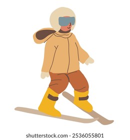 Daughter, son, boy, girl, child skiing. Happy child skier sliding down a slope at a ski resort. Flat vector illustration