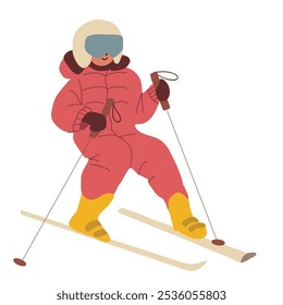 Daughter, son, boy, girl, child skiing. Happy child skier sliding down a slope at a ski resort. Flat vector illustration