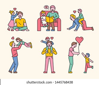 daughter and son are having a happy time with father. flat design style minimal vector illustration.