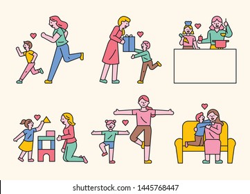 Hija e hijo se lo pasan bien con su madre. ilustración vectorial mínima de diseño plano.