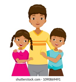 Daughter And Son Hugging Their Father, Family With Dark Skin Happy Together, Relationship, Togetherness, Children, Infant, Elderly, Adult, Lifestyle