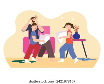 Daughter and son are playing pillow fight, dad dizzy with the house is messy. Character design. Vector flat illustration