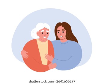 Daughter supports, hugs elderly mother with gray hair. Women of different generations together. Vector flat graphics.