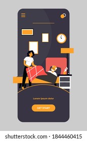 Daughter taking care about sick elderly father. Woman giving blanket to man lying in bed with thermometer flat vector illustration. Nurse job concept for banner, website design or landing web page