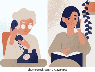 Daughter talking with her elderly mother or granny on telephone. Family distant conversation, dialog. Women communicate by phone. Colorful vector illustration in flat cartoon style