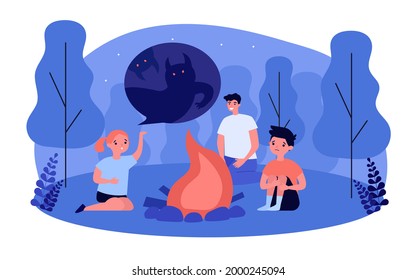Daughter telling scary story to father and brother by campfire. Family vacation in forest at night flat vector illustration. Family, camping, outdoor activity concept for banner, website design