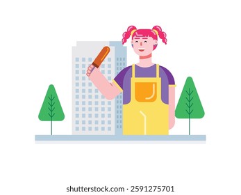Daughter with two braids eating ice cream outdoors, enjoying the summer. Design character. Vector flat illustration