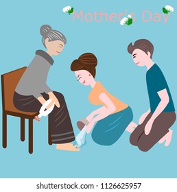 
Daughter washing her feet to the mother on important days, vector images