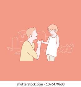 A daughter who makes a finger appointment with her father. hand drawn style vector doodle design illustrations.