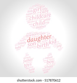 Daughter. Word cloud, baby silhouette, gradient grey background. Family concept.