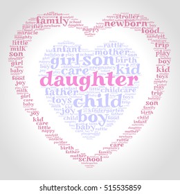 Daughter. Word cloud, one heart inside another heart, gradient grey background. Family concept.