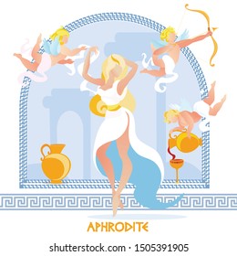 Daughter of Zeus, Beautiful Aphrodite Posing in White Dress on Arch Background with Flying Boys Amours with Bow and Wine Jug, Traditional Greece Mythology Cartoon Flat Vector Illustration, Banner