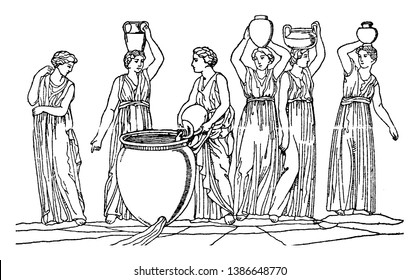 The daughters of Danaids are seen in the picture. They are fetching the water in different vessels from the large jar, vintage line drawing or engraving illustration.