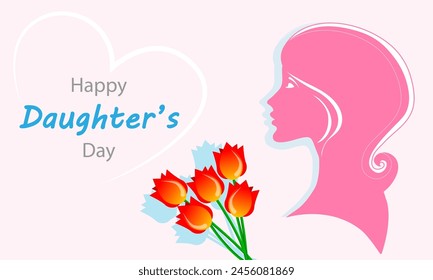 Daughters day girl happy with flowers, vector art illustration.