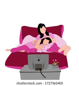 The daughters lie on their lap of young mothers on the pink sofa. Both are watching TV news coronavirus in their warm home, vector isometric design concept.