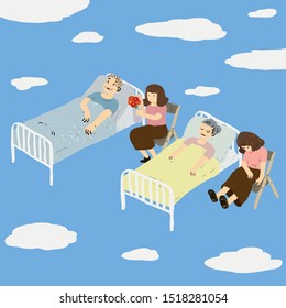 Daughters taking care of hospitalized, aged parents, one daughter prepareing flowers to cheer up the patient and another one fell asleep while taking care of her mother.
