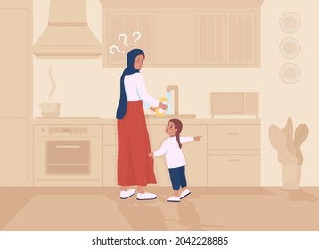 Daugther distracts mother flat color vector illustration. Parent busy washing dishes. Toddler demands attention from parent. Family 2D cartoon characters with kitchen interior on background