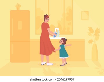 Daugther distracts parent flat color vector illustration. Mom busy doing housework. Toddler demands attention from parent. Family 2D cartoon characters with kitchen interior on background